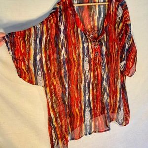 PENNINGTONS Brand Sheer Vertical Stripe Short Sleeve Blouse